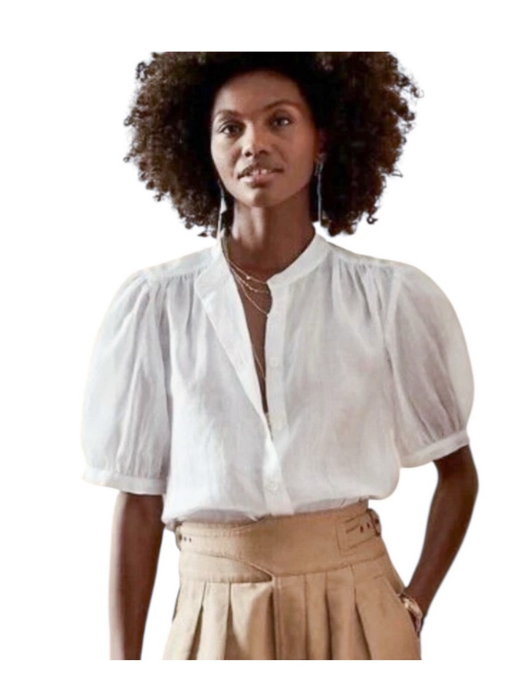 Banana Republic White Puff-Sleeve Button Front Blouse